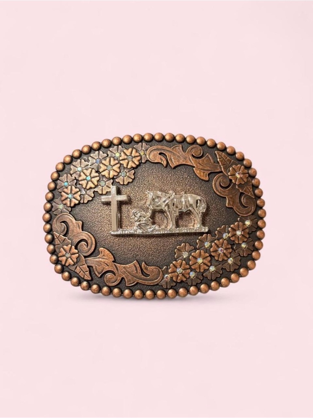 Vintage-Inspired Oval Floral Cross & Horse Belt Buckle - Copper Tone